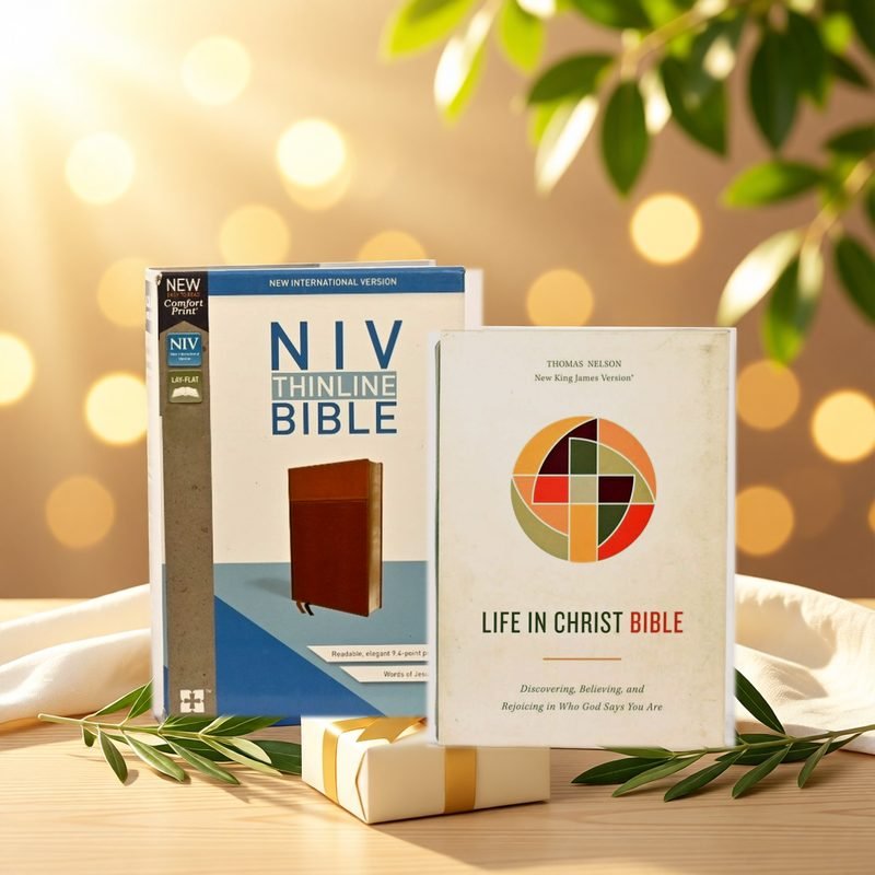 NIV Thinline Bible and Life in Christ Bible on an oak table