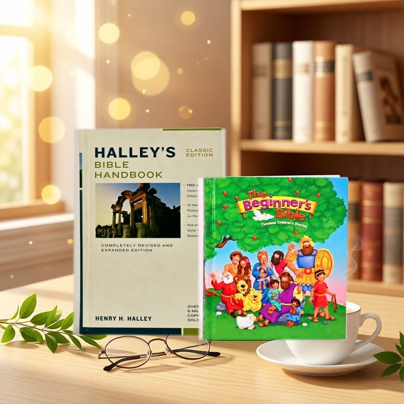 Halley's Bible Handbook and The Beginner's Bible on a reading desk