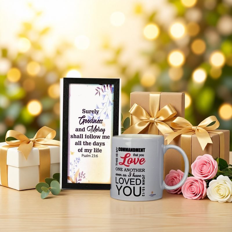 Psalm 23:6 verse frame and John 15:12 mug with gift boxes