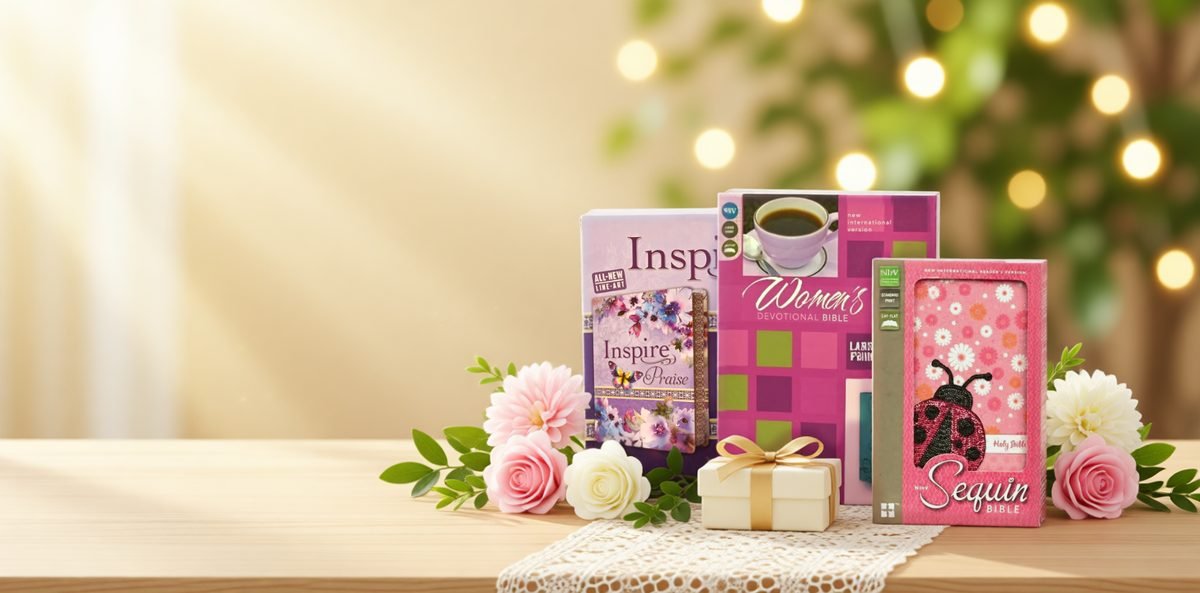 NLT Inspire Praise, NIV Women's Devotional and NIrV Sequin Bibles with roses