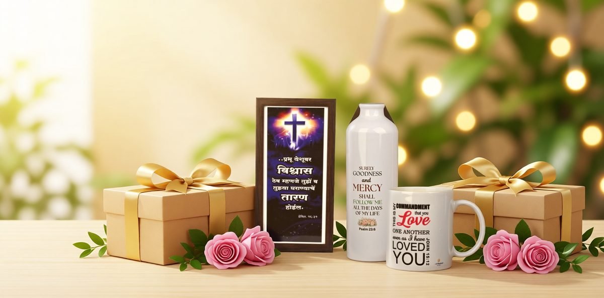 Marathi verse frame, Psalm 23:6 sipper bottle and John 15:12 mug with gift boxes